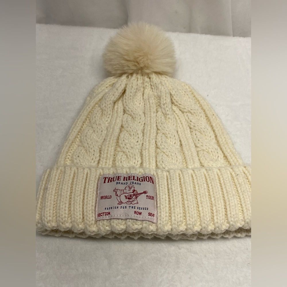 True Religion Women's Winter Cable Knit Hat Pom Beanie White One Size